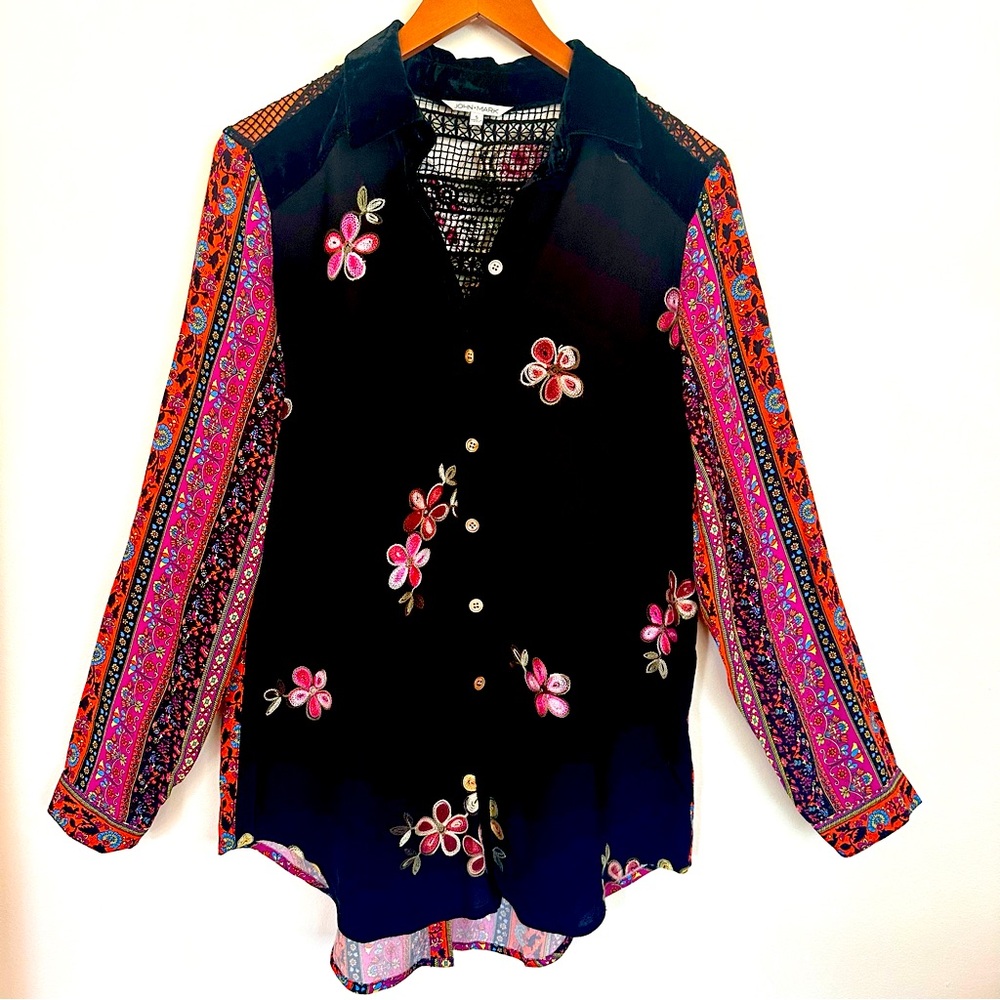 Women's Black Floral Button-Up Blouse with Pink Patterned Sleeves